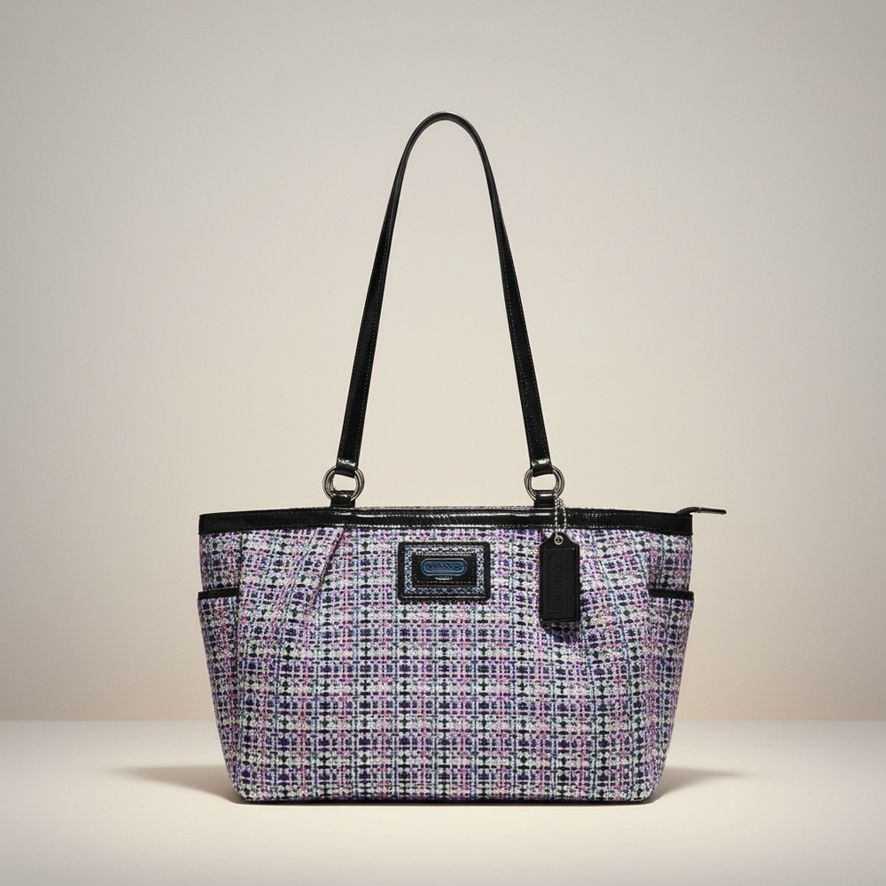 Coach Tweed Plaid Tote F17699 Black Patent Trim Satchel - Picture 2 of 16